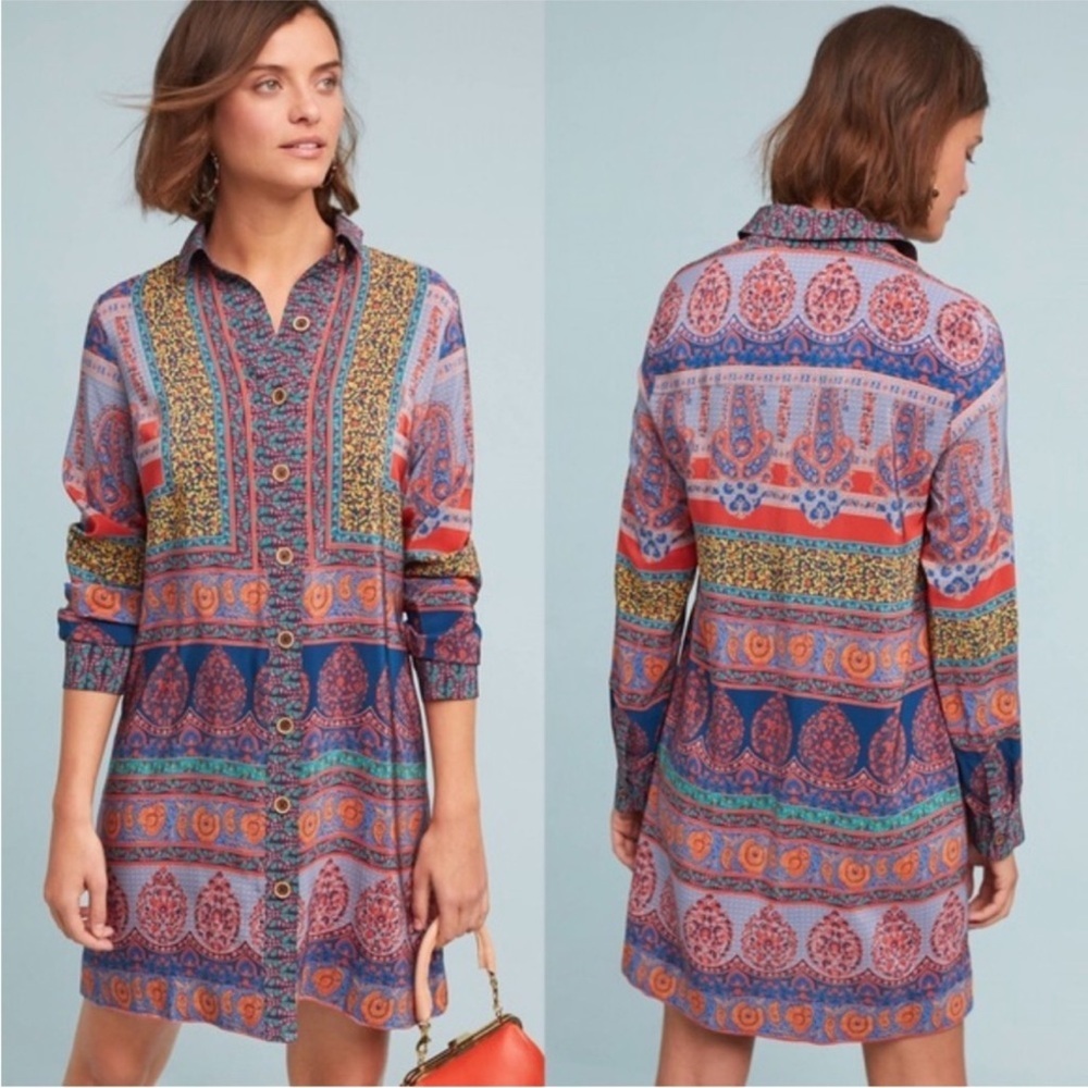 Maeve by Anthropologie Casablanca 100% Silk Shirtdress Tunic Womens Size 2 Boho